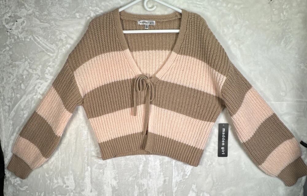 XL Madden Girl Striped V-Neck Cropped Cardigan Sweater W/Bow Peach & Chocolate